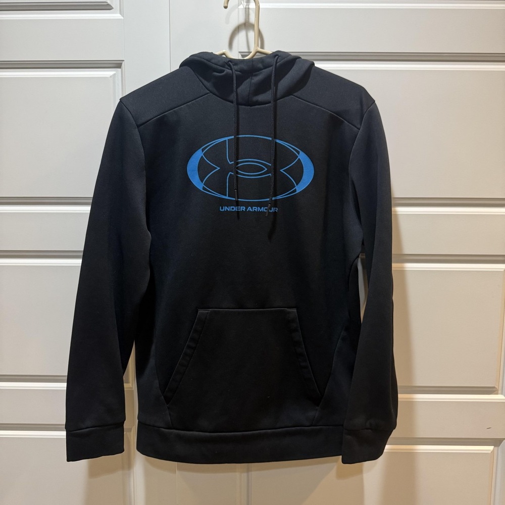 Under Armour Hoodie Mens Small Black Blue Loose Fleece Logo Pullover Sweatshirt